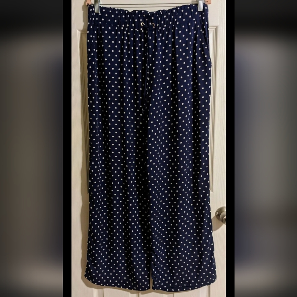 Rafaella Pants M Navy Blue Polka Dot Wide Leg Casual Drawstring
